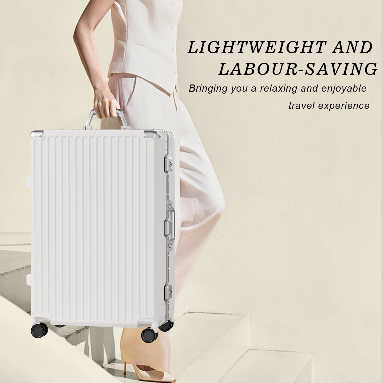 Luggage Aluminium Frame PC ABS Hardshell Suitcase with Spinner Wheels TSA Lock Zipperless Luggage 28 inch White