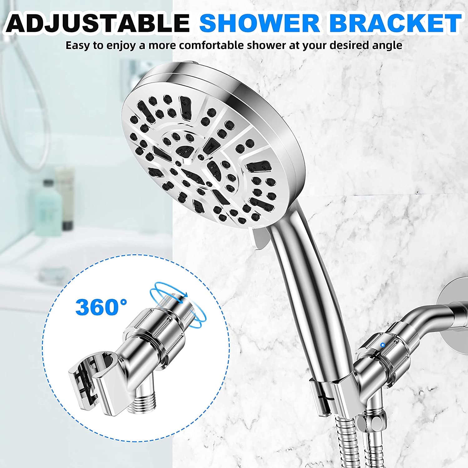 MUZPU 10-Mode High Pressure Shower Head with Power Wash, US Patent Design, 59 inch Stainless Steel Hose and Adjustable Brass Bracket, All Chrome Finish,Bathroom Cleaner Kit