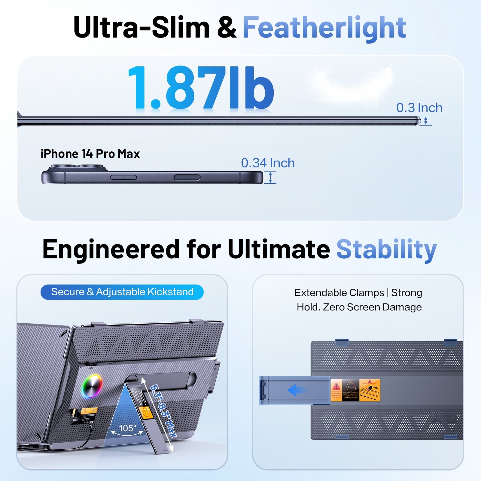 Laptop Screen Extender, 14" FHD 1080P IPS Portable Dual Monitor for Laptop, USB-C/HDMI Compatible, Plug & Play, Lightweight 1.87lb, for 13-17.3” Windows Mac Chromebook