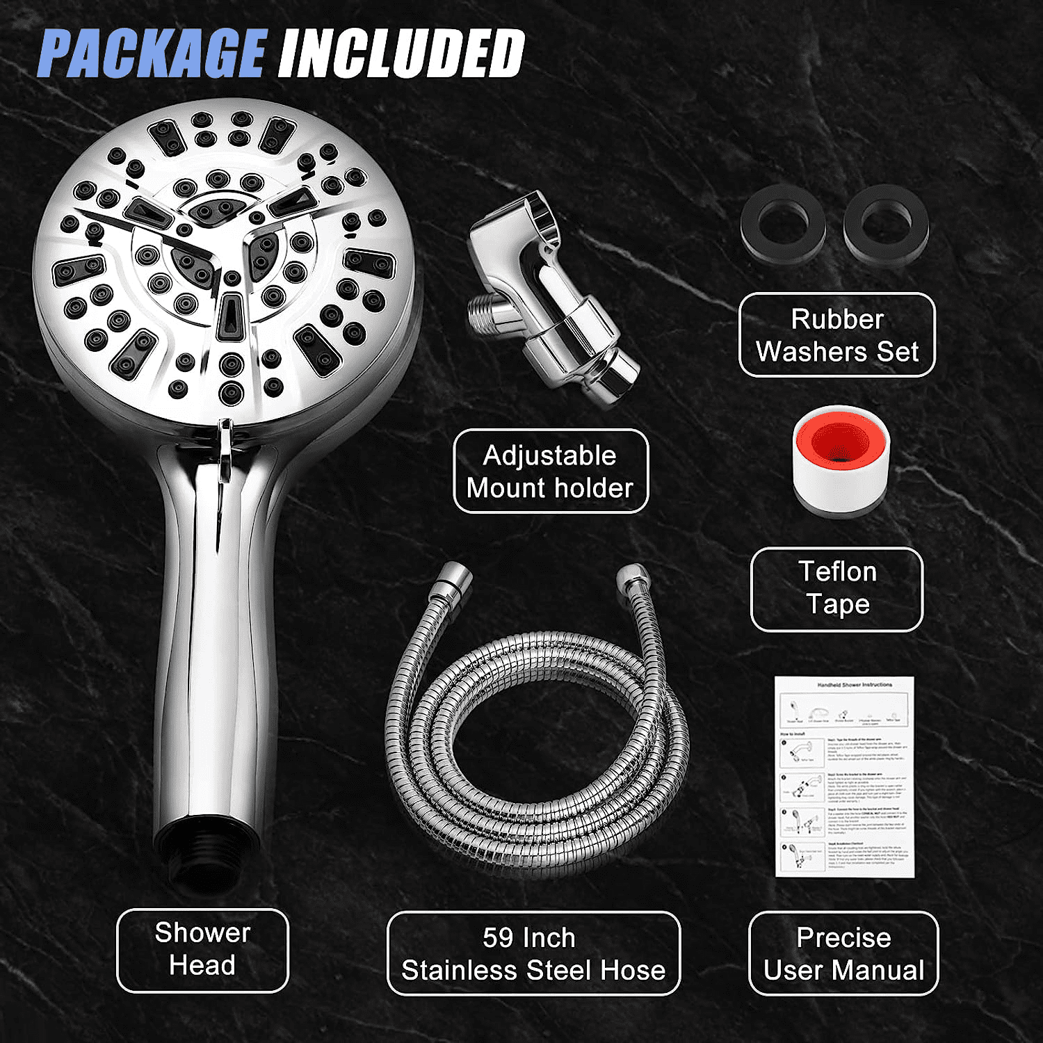 MUZPU 10-Mode High Pressure Shower Head with Power Wash, US Patent Design, 59 inch Stainless Steel Hose and Adjustable Brass Bracket, All Chrome Finish,Bathroom Cleaner Kit